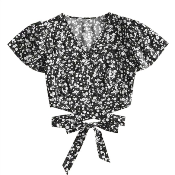 Ditsy Print Surplice Tie Hem Crop Blouse - Picture 5 of 5